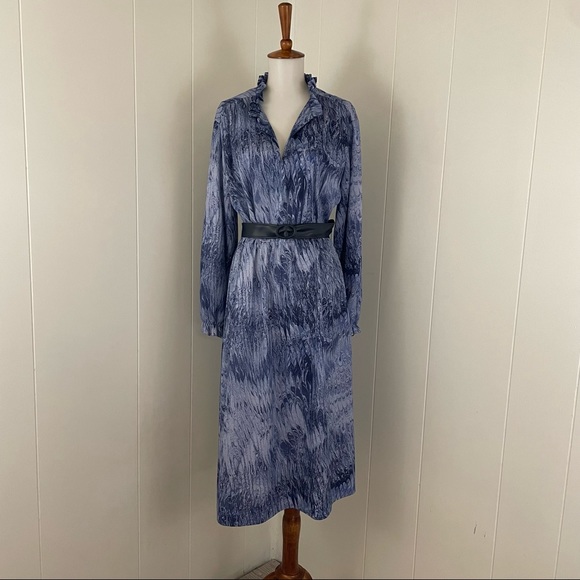 Vintage 80s Long Sleeve V-Neck Midi Dress - Picture 1 of 7